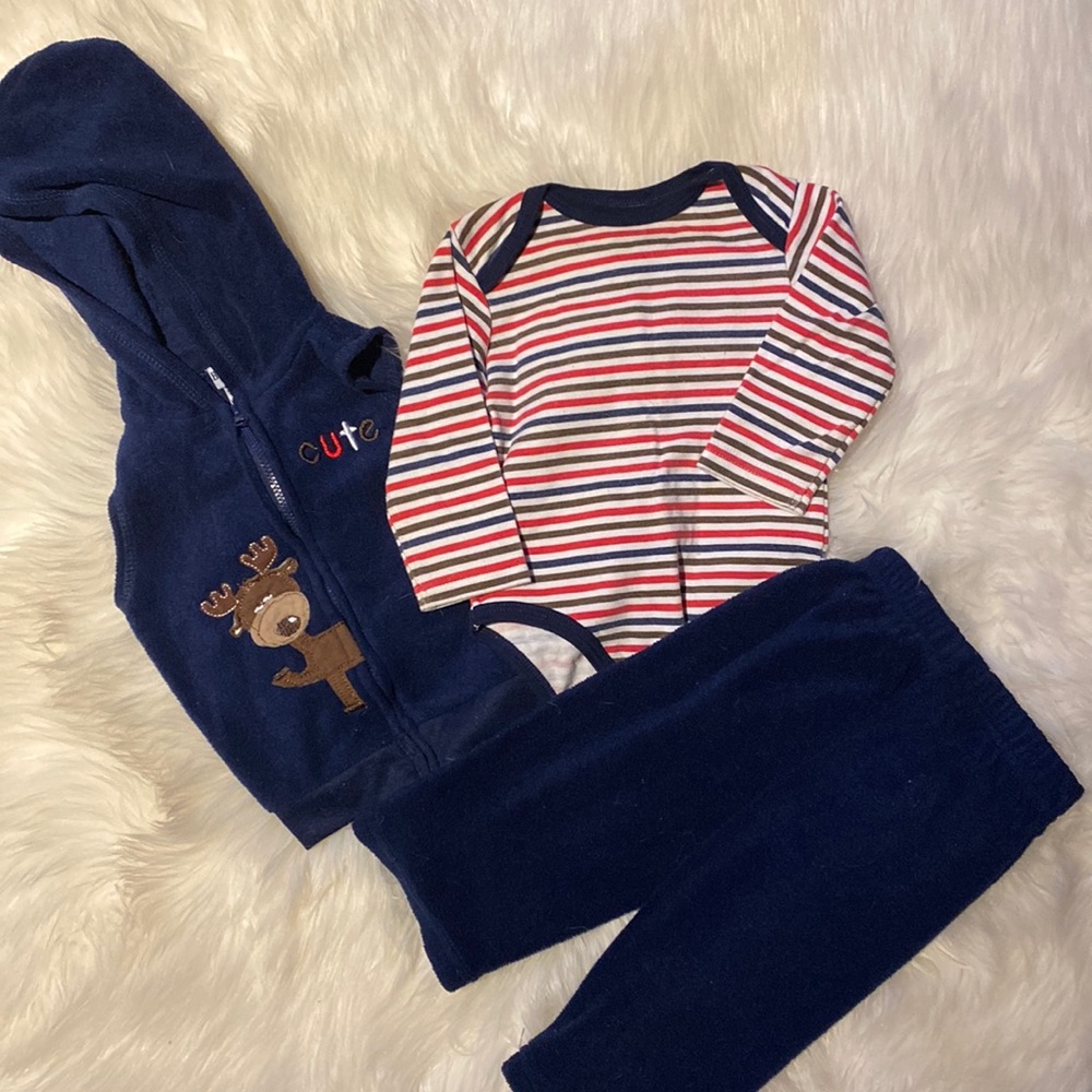 3/25$ Buster Brown Deer 3 piece set Fleece pants and vest striped onesie 6-9 mos